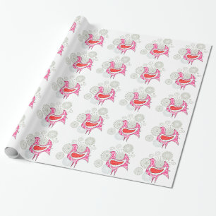 Papier Cadeau Vintage Folk Rose Red Hen Farm Poulet Rustique