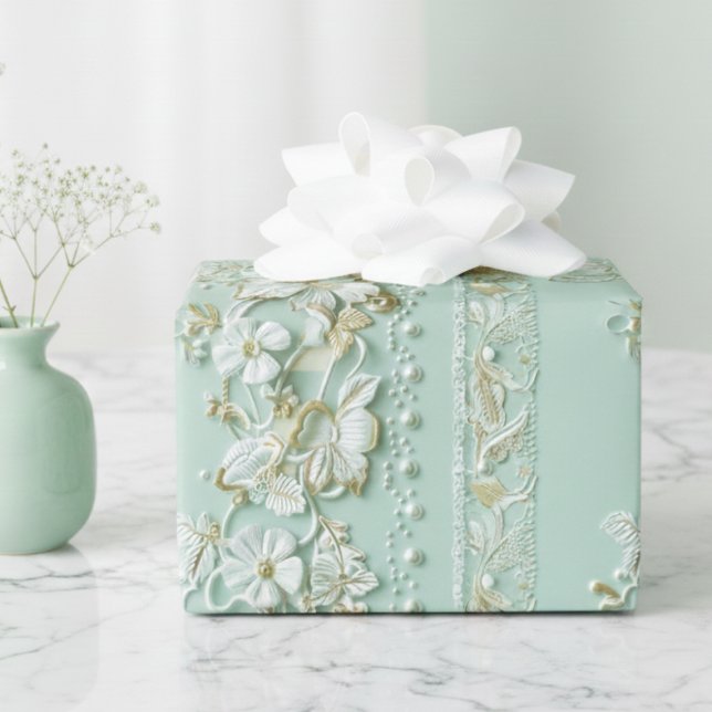Papier Cadeau Vintage Green Floral (elegant vintage pale mint green faux lace floral gift wrap wrapping paper)