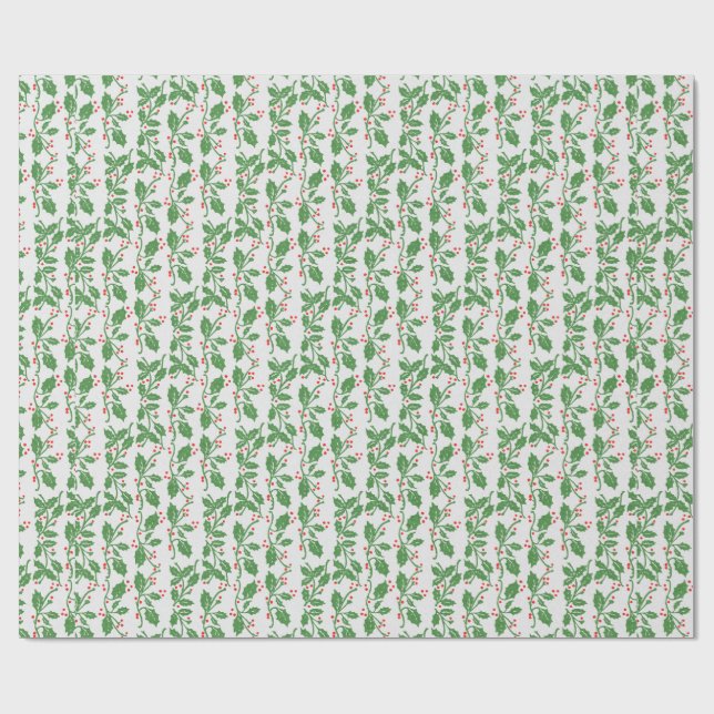 Papier Cadeau Vintage Green Holly Feuilles Red Berries Noël (Plat)