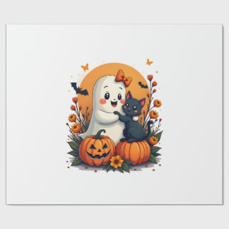 Papier Cadeau Vintage Halloween Ghost Holding Black Cat Groovy F