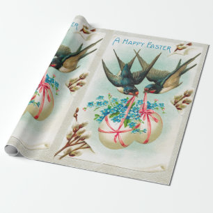 Papier Cadeau Vintage hirondelle Couple et Floral Oeufs de Pâque
