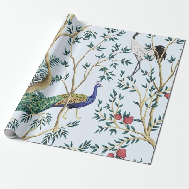 Papier Cadeau Vintage jardin grenade arbre fruitier, oiseau exot (Déroulé)