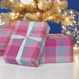 Papier Cadeau Vintage moderne Noël Plaid hot rose aqua