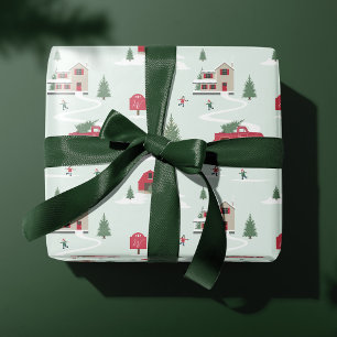 Papier Cadeau Vintage Noël Arbre Paysage Agricole Monogramme