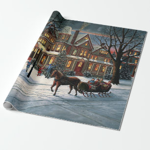 Papier Cadeau Vintage Noël paysage enneigé