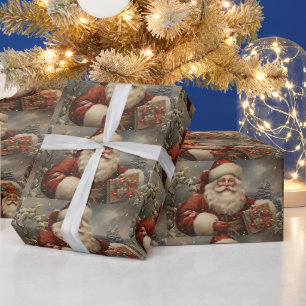 Papier Cadeau Vintage Noël Père Noël avec cadeaux