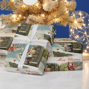 Papier Cadeau Vintage Noël Père Noël dans l'avion et les enfants