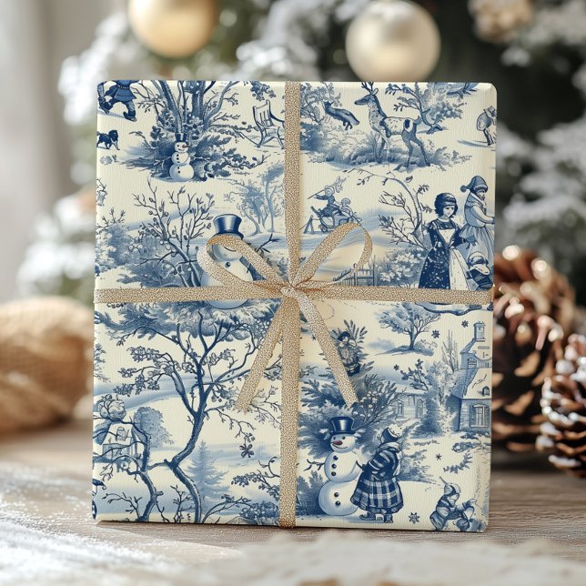 Papier Cadeau Vintage Noël Toile Bleu Victorien Vacances (Créateur téléchargé)