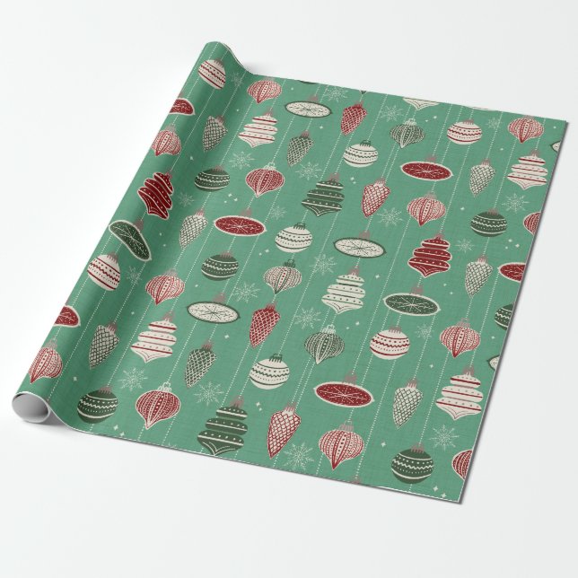 Papier Cadeau Vintage ornements de Noël sur vert menthe (Déroulé)