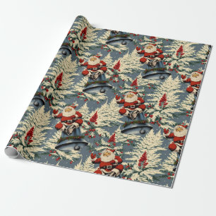 Papier Cadeau Vintage Père Noël et Bell Dark Blue