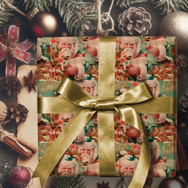 Papier Cadeau Vintage Père Noël Joyeux papier d'enveloppement de (vintage Santa Claus merry Chistmas gift wrap. Retro Christmas wrapping paper)