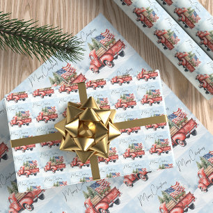 Papier Cadeau Vintage Red Christmas Truck USA Drapeau Patriotiqu