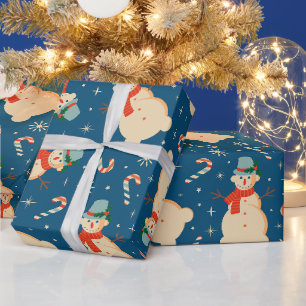 Papier Cadeau Vintage Retro Snowman et Sucre de canne Blue