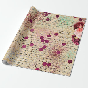Papier Cadeau Vintage Romantique Bee Floral Bourgogne Or