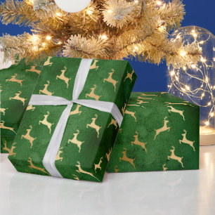 Papier Cadeau Vintage rustique vert or joli rennes Noël