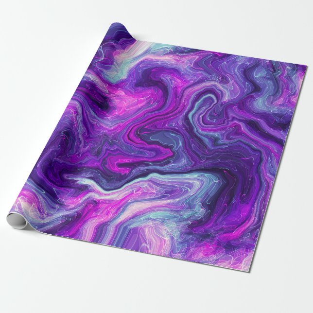 Papier Cadeau Violet, Bleu, Marbre rose Fluide Art Anniversaire (Déroulé)