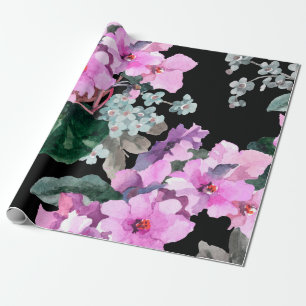 Papier Cadeau Violet fleurs et oublier moi pas aquarelle sur bla