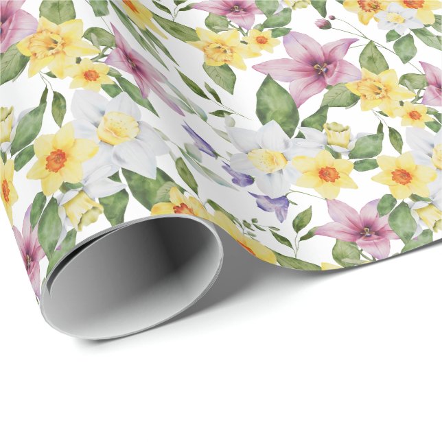Papier Cadeau Violet Jaune Blanc Vert Floral Feuilles (Coin rond)