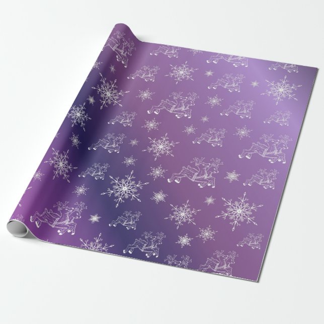 Papier Cadeau violet, rennes, étoile, étoiles, flocon de neige,  (Déroulé)