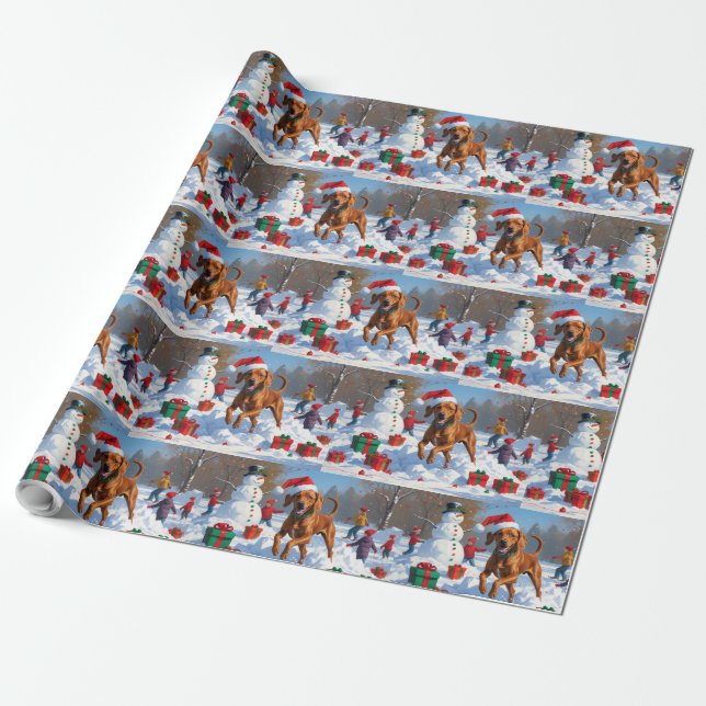 Papier Cadeau Vizsla coule en neige avec Casquette de Noël (Déroulé)