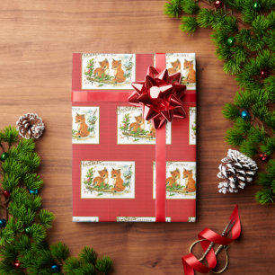 Papier Cadeau voeux de Noël Renards Reproduction Vintage