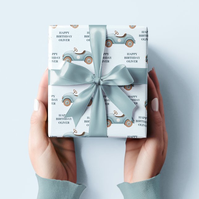 Papier Cadeau Voiture bleu Aquarelle | Joyeux anniversaire (Créateur téléchargé)