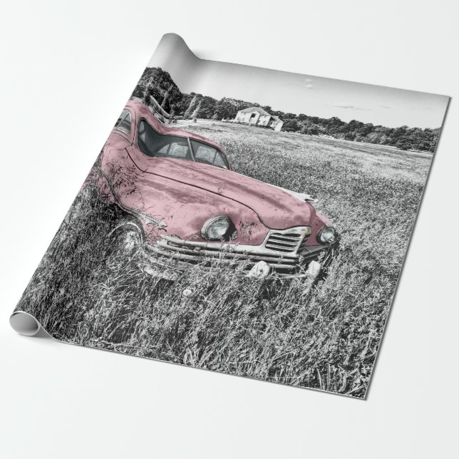 Papier Cadeau Voiture classique rose (Déroulé)