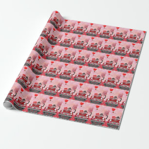 Papier Cadeau Voiture de chien caniche avec coeurs Saint-Valenti