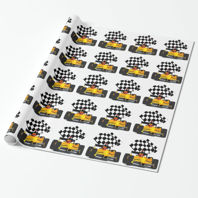 Papier Cadeau Voiture de course jaune avec drapeau À damiers (Déroulé)