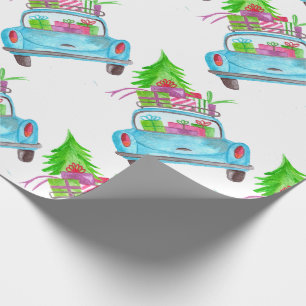 Papier Cadeau Voiture de Noël aquarelle peinte à la main