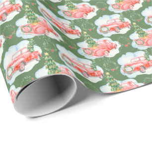 Papier Cadeau Voiture rouge aquarelle avec arbre de Noël vert