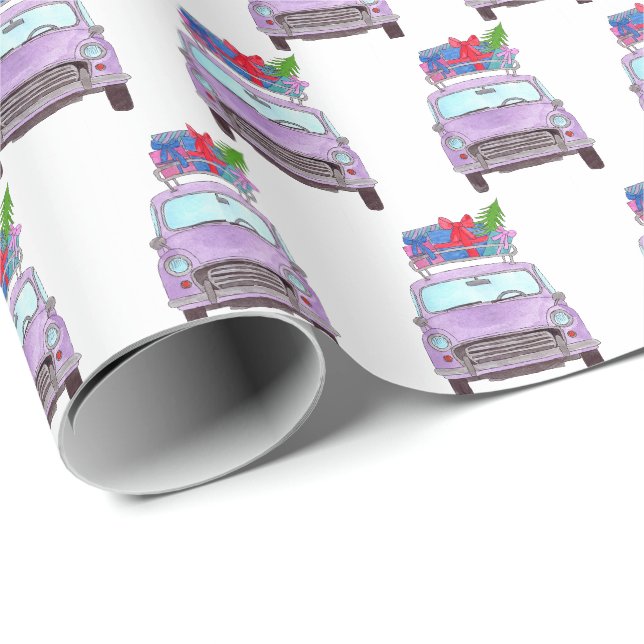 Papier Cadeau Voiture violette avec cadeaux de Noël Aquarelle (Coin rond)