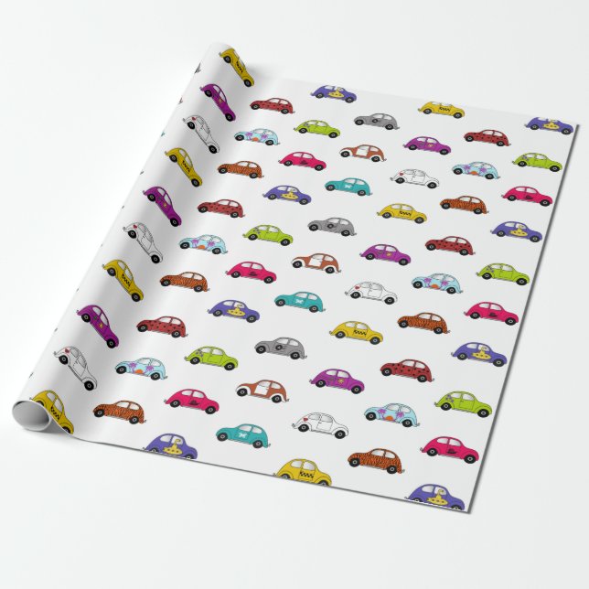 Papier Cadeau Voitures compactes amusantes de style rétro (Déroulé)