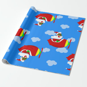Papier Cadeau vol de noël pilote avion noir père Noël nuage