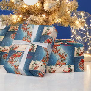 Papier Cadeau Vol vintage Père Noël Sleigh et Reindeer