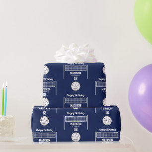 Papier Cadeau Volleyball Ball & Net Marine Blue Anniversaire Nom