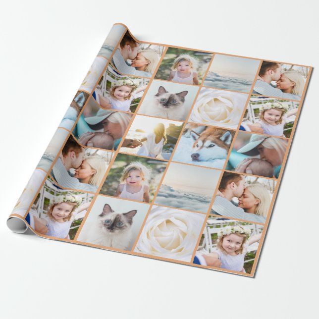 Papier Cadeau Vos Photos Collage Personnalisé Moderne Boho Orang (Déroulé)