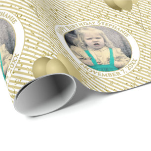 Papier Cadeau Votre texte.Photo Gold/White Simple Stripes Motif