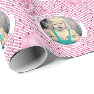 Papier Cadeau Votre texte.Photo Rose/Blanc Simple Stripes Motif