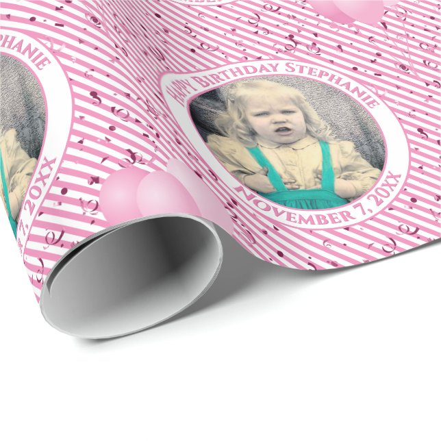 Papier Cadeau Votre texte.Photo Rose/Blanc Simple Stripes Motif (Coin rond)