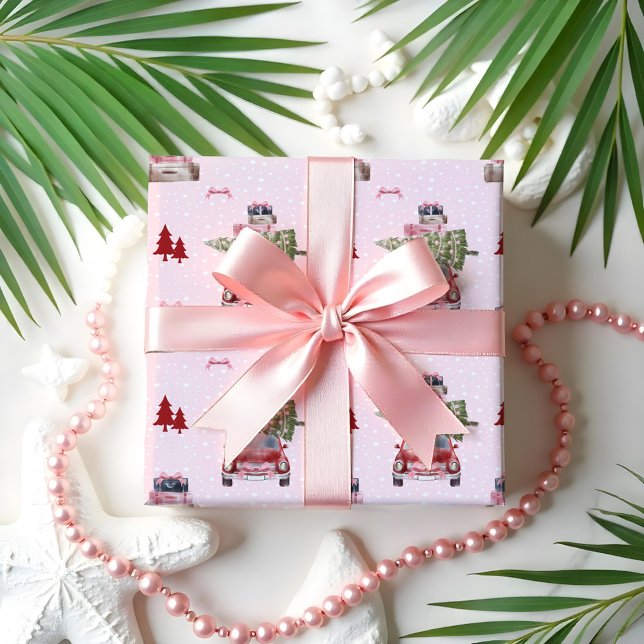 Papier Cadeau Voyage de Noël Chic Red Retro Aquarelle (Christmas Road Trip Chic Red Retro Watercolor Wrapping Paper)