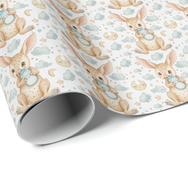 Papier Cadeau Wallaby Cute Baby Pastel Motif d'aquarelle (Coin rond)