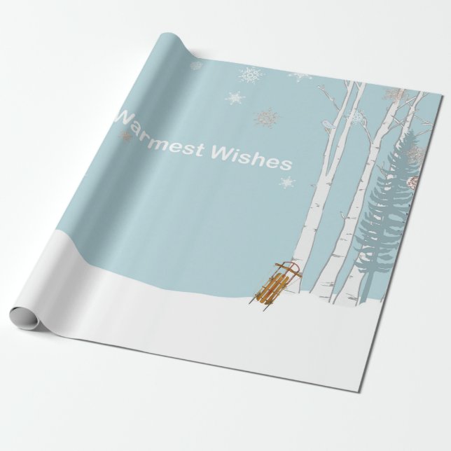Papier Cadeau Warmest Wishes Winter Forest with Sled and Snow (Déroulé)