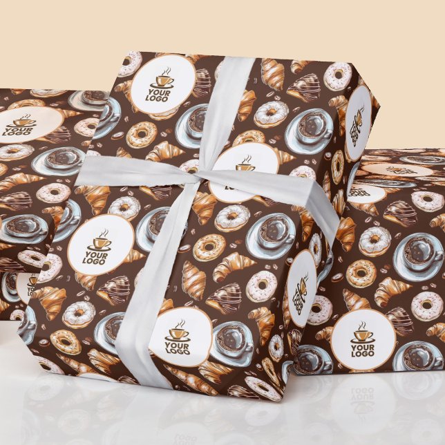 Papier Cadeau Watercolor Café Boulangerie de marque Motif de log (Watercolor Cafe Coffee Bakery Shop Logo Brown Wrapping Paper)
