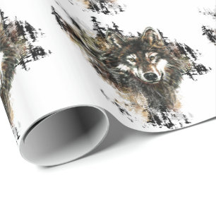 Papier Cadeau Watercolor Grey Wolf Mountain Wildlife Art