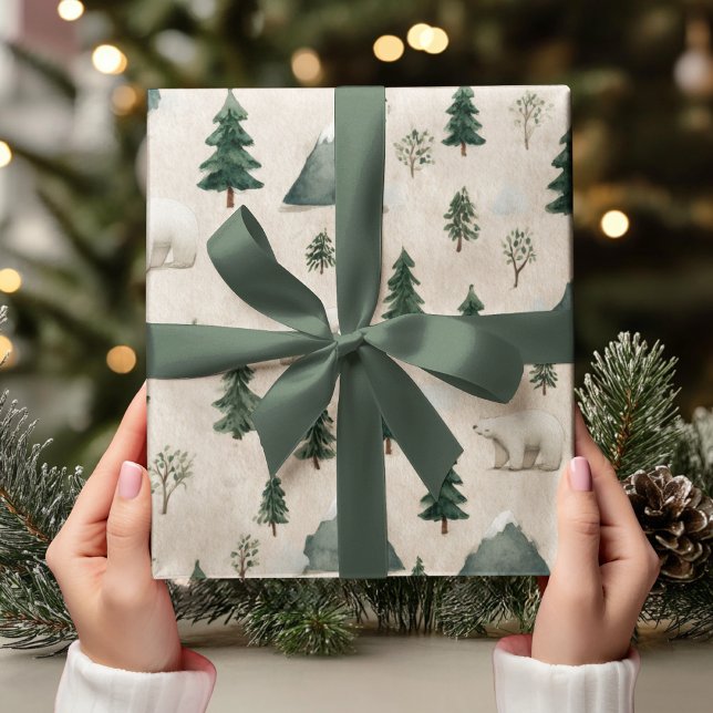 Papier Cadeau Watercolor Polar Bear & Pine Tree (Créateur téléchargé)