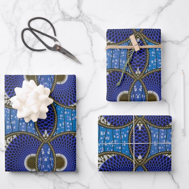 Papier cadeau Wax Africain bleu (Recto)