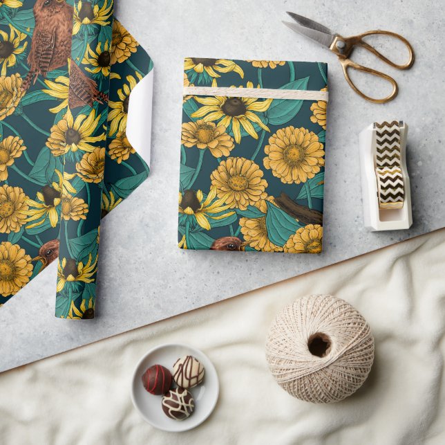 Papier Cadeau Wens et fleurs sur bleu foncé (Artisanat)