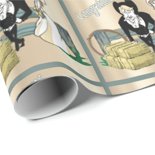 Papier Cadeau Western Cartoon Mariage Couple Ranch Scène
