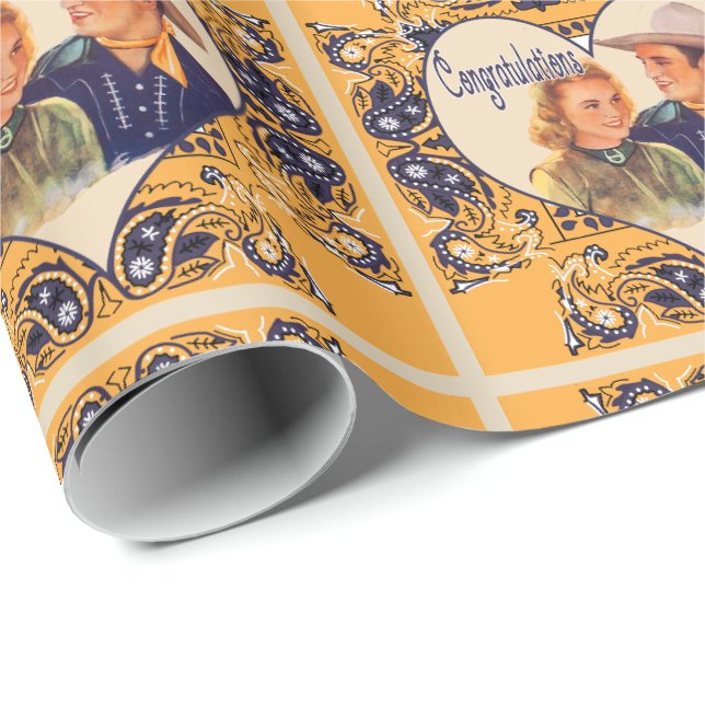 Papier Cadeau Western Cowboy Cowgirl Couple Félicitations Don (Coin rond)